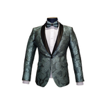 Teal Green Shawl Lapel Floral Sparkle Blazer - Front View
