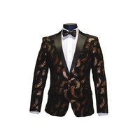 Black & Gold Notch Lapel Leopard Print Velvet Blazer - Front View