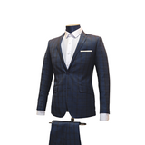 2pc Navy Blue & Black Plaid Suit - Slim Fit - Side View