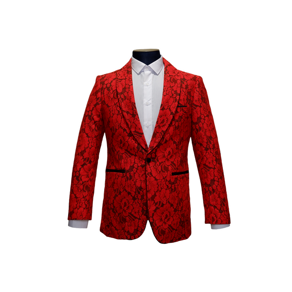 Red Shawl Lapel Floral Lace Blazer - Front View
