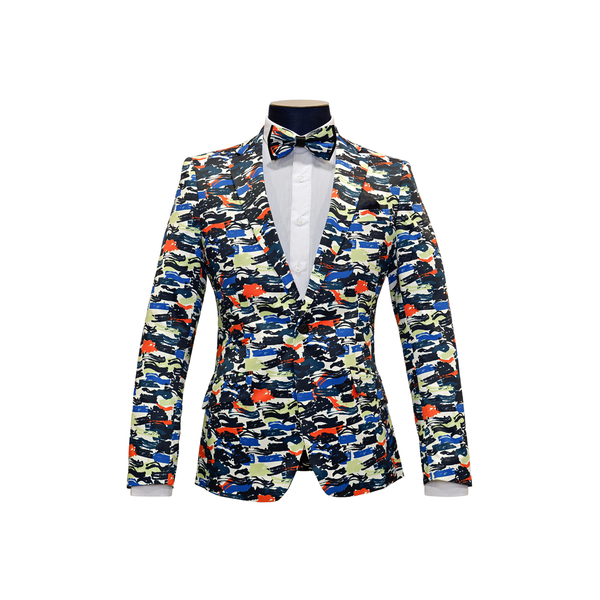 White Multicolour Notch Lapel Abstract Pattern Blazer - Front View