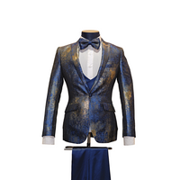 3pc Navy Blue & Gold Sparkle Pattern Tuxedo
