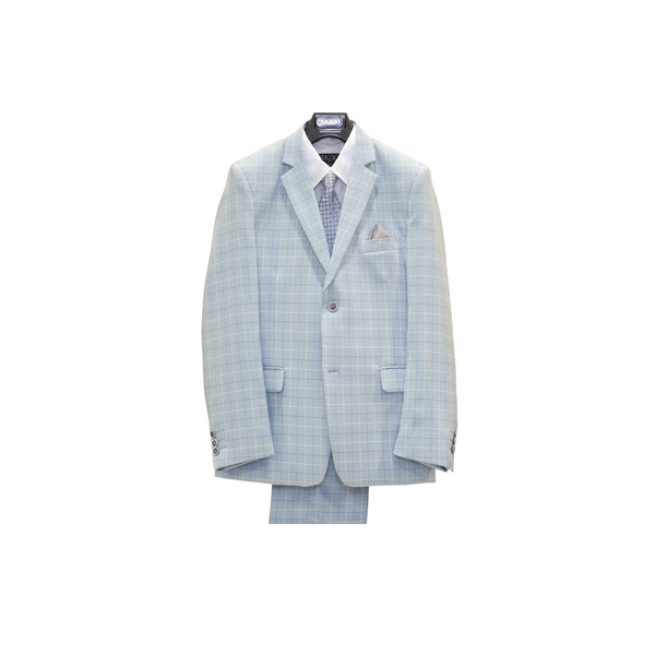 4pc Light Blue & White Check Boy's Suit - Front View