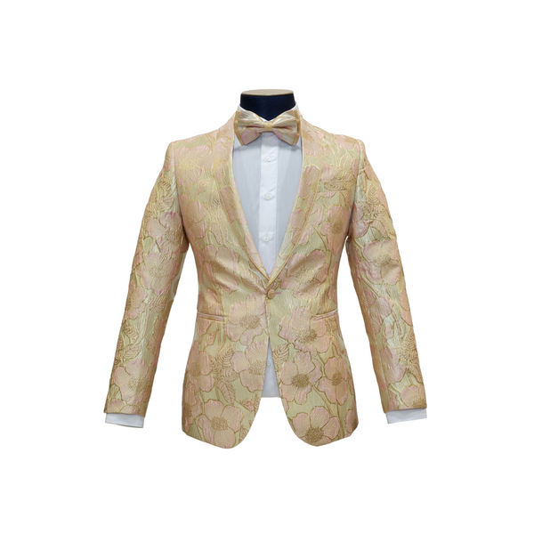 Baby Pink & Gold Shawl Lapel Floral Blazer - Front View