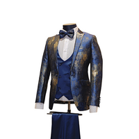 3pc Navy Blue & Gold Sparkle Pattern Tuxedo - Side View