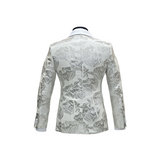 White & Silver Shawl Lapel Floral Blazer - Back View