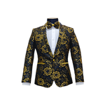 Navy Blue & Gold Shawl Lapel Floral Blazer - Front View