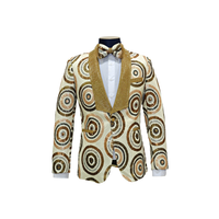 Cream & Gold Shawl Lapel Circle Pattern Sequin Blazer - Front View