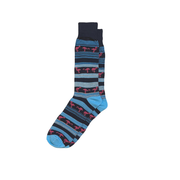 Turquoise & Pink Flamingo Striped Pattern Dress Socks - Front View