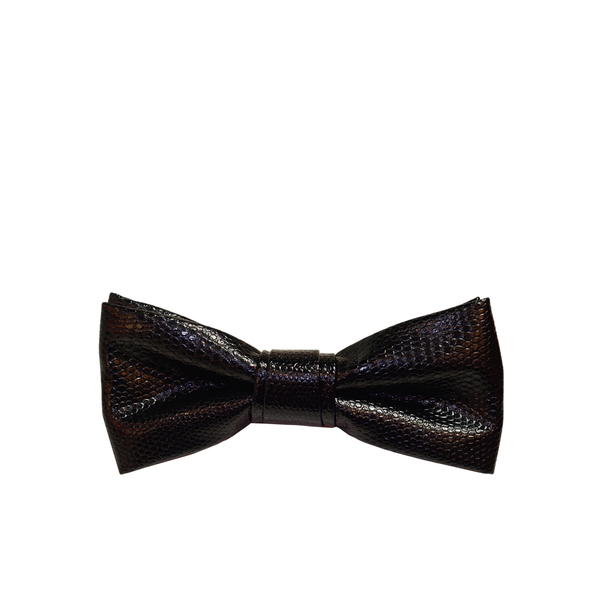 Black Snakeskin Pattern Faux Leather Bow Tie - Front View