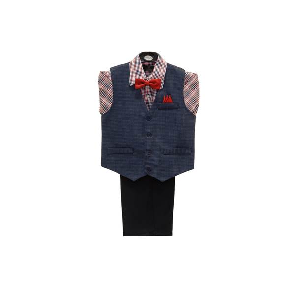 Navy Blue & Red Textured Boy's Vest Set - Front View