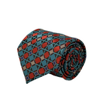 Teal and Red Square Pattern Silk Tie - Front View