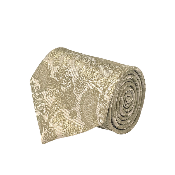 Light Olive Green Paisley Pattern Silk Tie - Front View