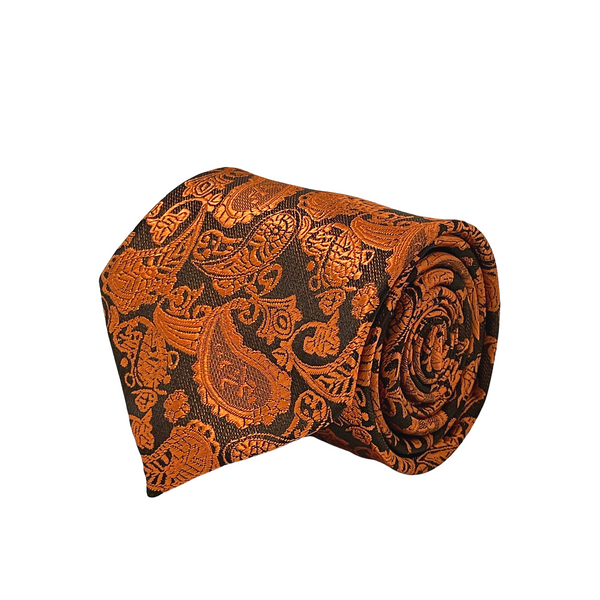 Orange & Black Paisley Pattern Silk Tie - Front View