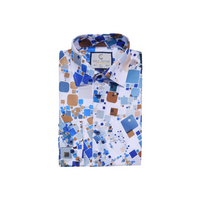 White & Blue Abstract Square Pattern Dress Shirt - Front View