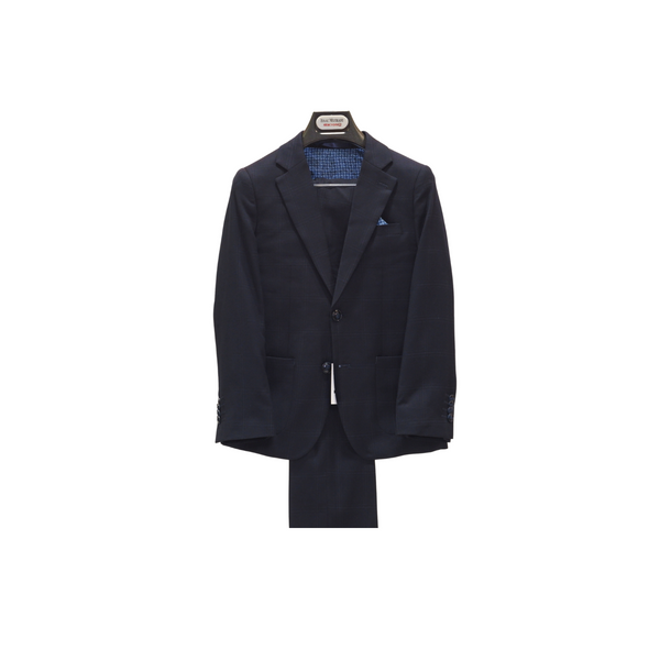2pc Navy Blue & White Plaid Boy's Suit - Front View
