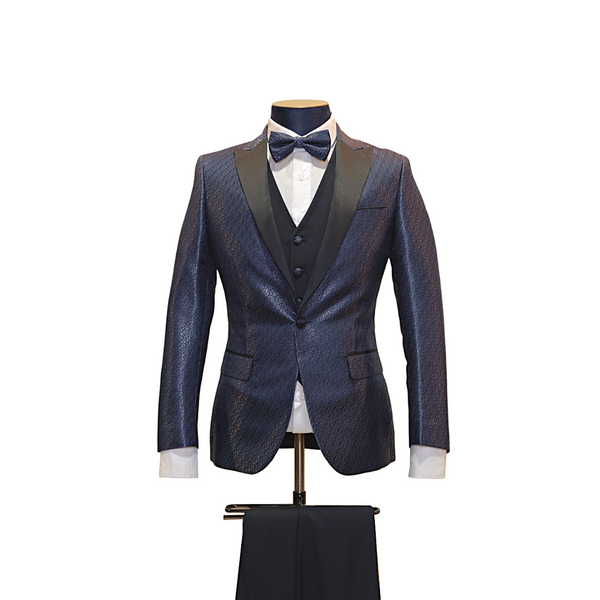 3pc Navy Blue & Silver Textured Tuxedo - Front View