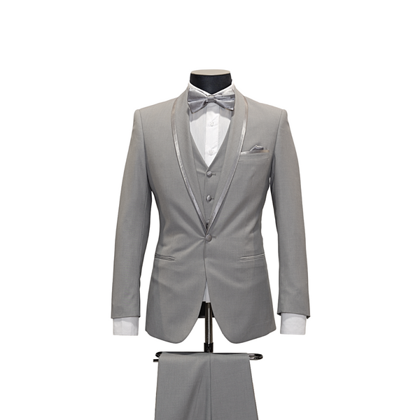 3pc Grey & Silver Trim Shawl Lapel Tuxedo - Front View
