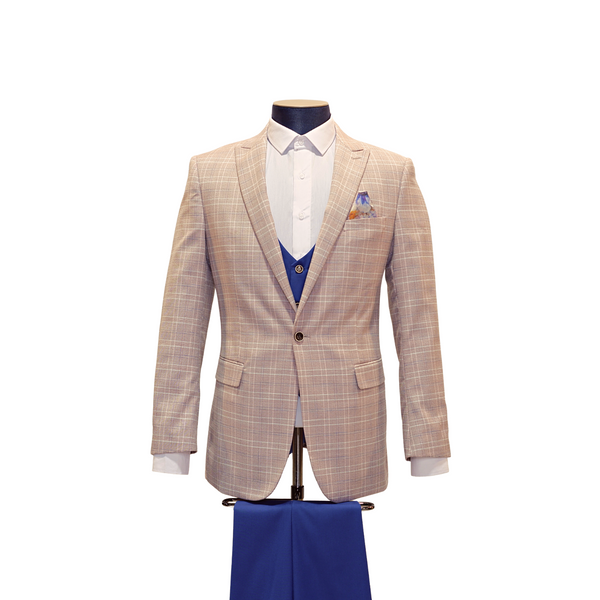 3pc Pink Plaid & Royal Blue Suit - Slim Fit - Front View
