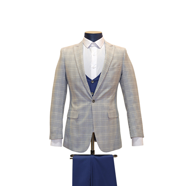 3pc Blue Plaid & Navy Blue Suit - Slim Fit - Front View