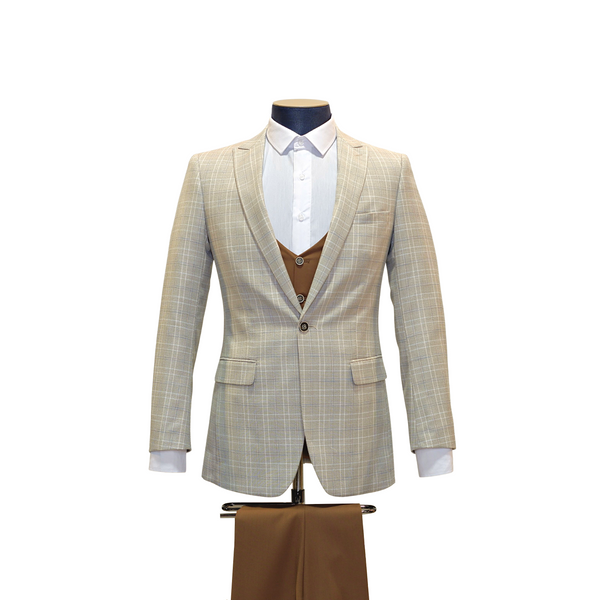 3pc Beige Plaid & Brown Suit - Slim Fit - Front View