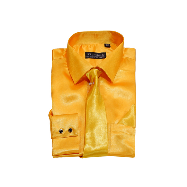 Yellow Solid Satin Dress Shirt - Classic Fit - Front View