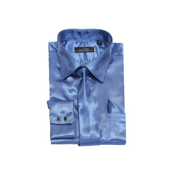 Royal Blue Solid Satin Dress Shirt - Classic Fit - Front View
