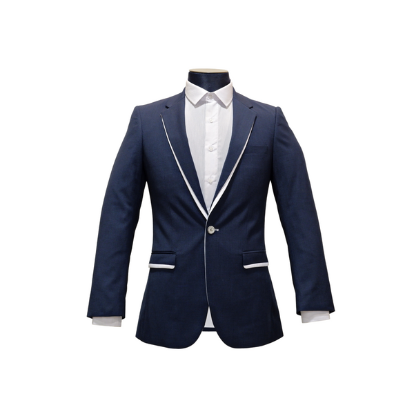 Navy Blue White Trim Notch Lapel Textured Blazer
