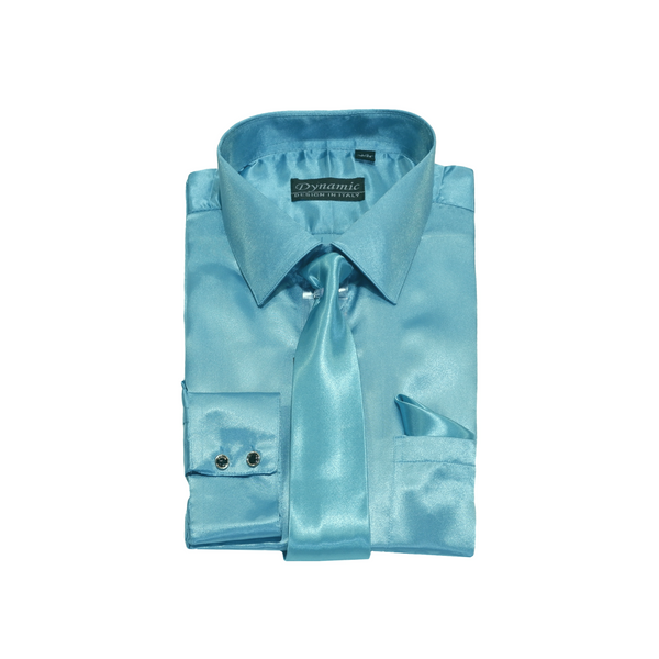 Robins Egg Blue Solid Satin Dress Shirt - Classic Fit - Front View